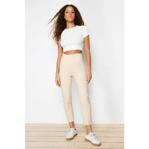 Trendyol Beige Cigarette Ribbed Waist Detailed Woven Trousers