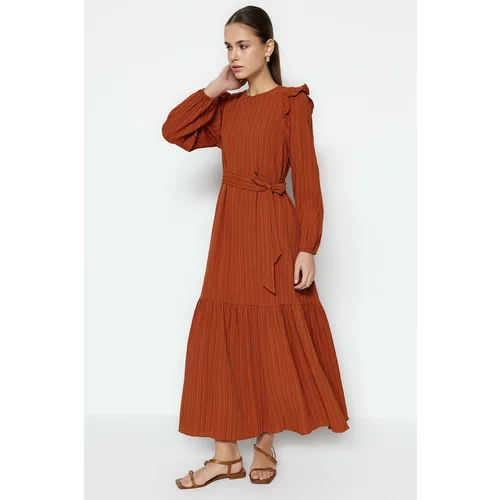 Trendyol Cinnamon Belted Viscose Blended Woven Dress With Ruffled Shoulder Skirt Flounce Lined