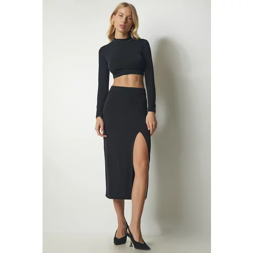 Happiness İstanbul Women's Black Sandy Stand-Up Collar Crop Skirt Suit