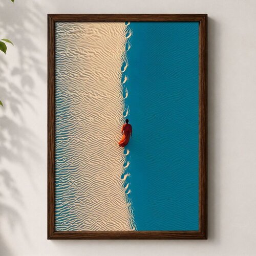 Wallxpert uramljena MDF slika 3752KACT-063, osoba u narandžastom hoda granicom peska i mora, pogled iz vazduha, 37 x 52 cm Slike