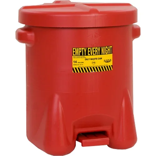 Justrite Varnostna PE-posoda za odstranjevanje agresivnih snovi, prostornina 53 l, s pedalom, rdeče barve
