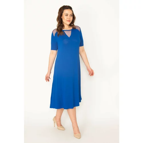 Şans Women's Plus Size Saxe Blue Mesh Detailed Viscose Dress