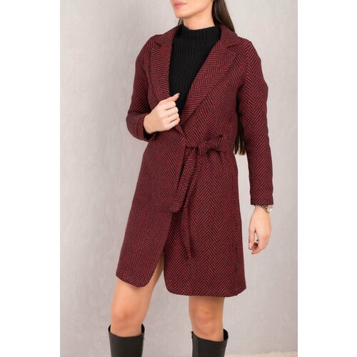 armonika Women's Red Side Tie Herringbone Pattern Long Cachet Coat Slike