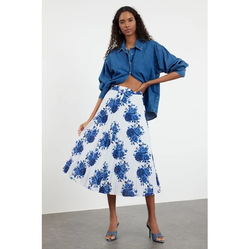 Trendyol Navy Blue Woven Rose Pattern Pleated Skirt