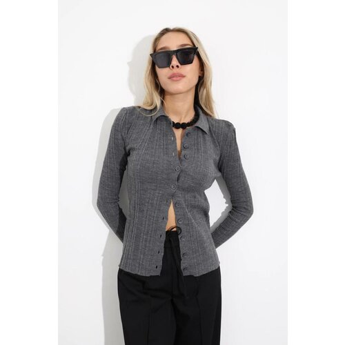 Laluvia Anthracite Polo Collar Buttoned Knitwear Cardigan Slike
