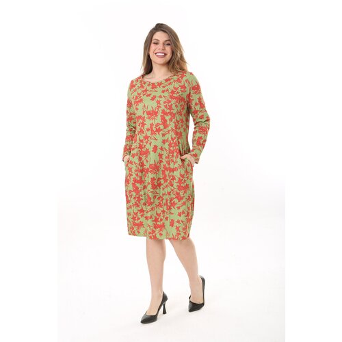 Şans Women's Plus Size Green Organic Cotton Fabric Cup Detailed Long Sleeve Dress Slike
