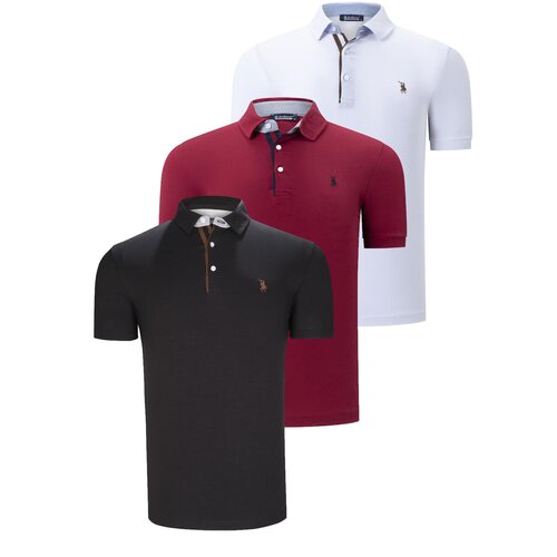 Dewberry TRIPLE SET T8582 MENS T-SHIRT-BLACK-WHITE-BURGUNDY Cene