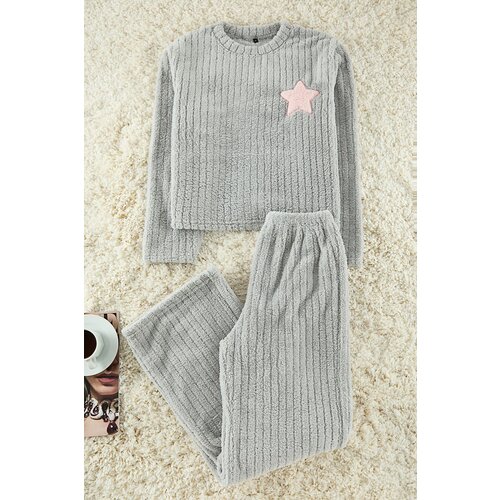 Trendyol Gray Star Embroidered Striped Winter Wellsoft Knitted Pajama Set Slike