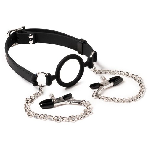 Rimba Latex Play Mouthgag with O-Ring and Nipple Clamps Black Slike
