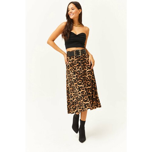 Olalook Women's Beige Leopard Elastic Waist Suede Textured A-Line Skirt Slike