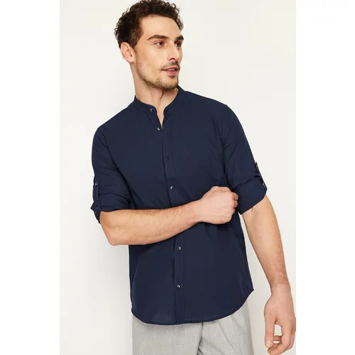 Trendyol Dark Navy Blue Men's Slim Fit Basic Collar 100% Cotton Shirt with Epaulettes