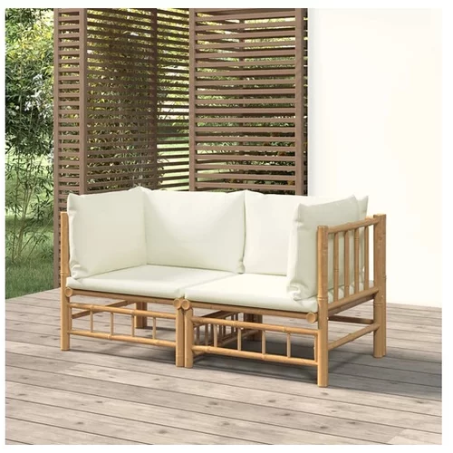  Vrtni kotni kavč 2 kosa s kremno belimi blazinami bambus