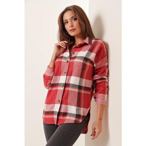 By Saygı Long Back Plaid Lumberjack Shirt Red Slike