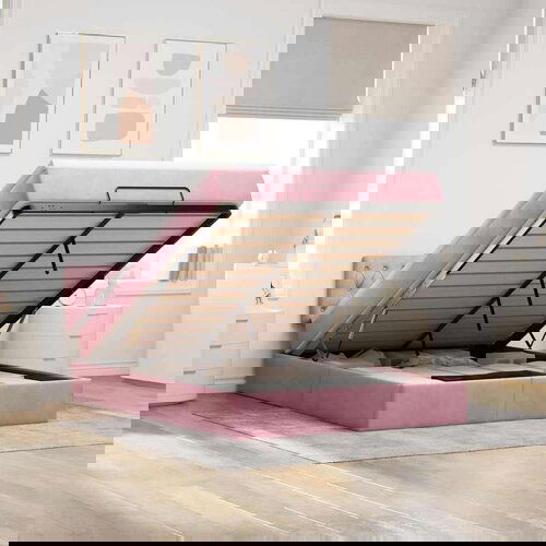  Otomanska postelja z vzmetnico & LEDs roza 140x200cm žamet Cene