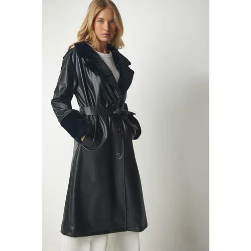Happiness İstanbul Women's Black Fur Collar Faux Leather Coat