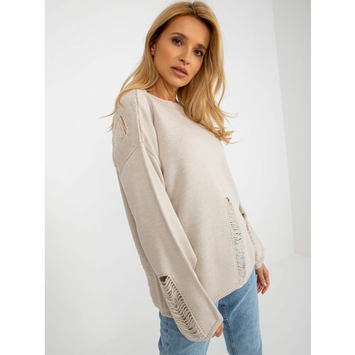 Fashion Hunters Beige women's oversize sweater with holes with wool Slike