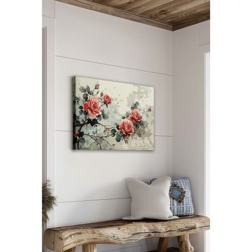 Wallxpert slika na platnu Ersysb038, ružičaste ruže na grani na svetloj zeleno-sivoj akvarel pozadini, 50 x 70 cm Slike
