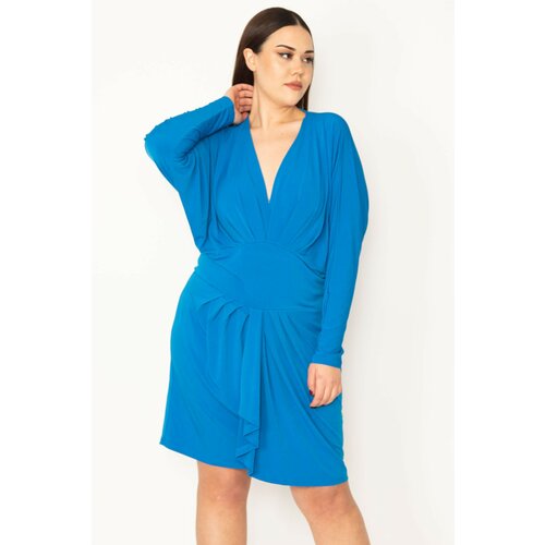 Şans Women's Plus Size Saxe Blue Chest And Waist Detailed Dress Cene