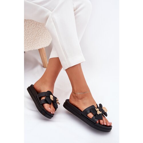 Boto Women's Slippers With Bow And Golden Brooch Black Lynara Cene