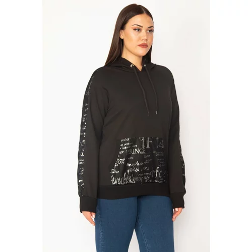 Şans Women's Plus Size Black Lacquer Print And Mesh Detailed Hooded Kangaroo Pocket Sweatshirt