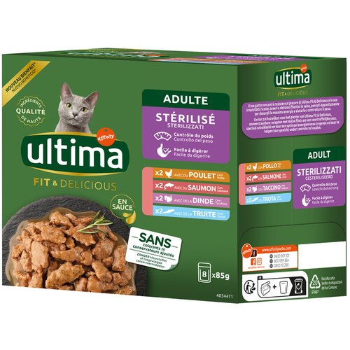  Ultima Sterilised Cat 48 x 85 g - Miješano pakiranje I (piletina, puretina, losos, pastrva) Cijene
