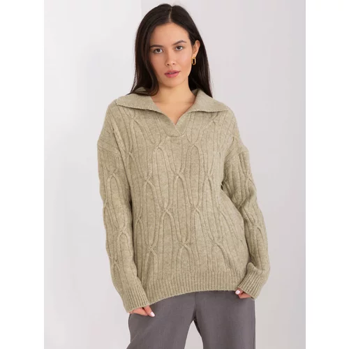 Fashion Hunters Khaki women's sweater with cables and collar