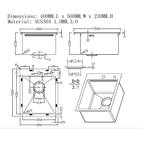 Sandonna handmade hd 4050R 400X500/230 mm crna Slike