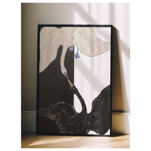 Wallxpert uramljena slika 115202, The Swan Hilme af Klint, beli i crni labud na crno-beloj pozadini, 50 x 70 cm, crni ram Slike