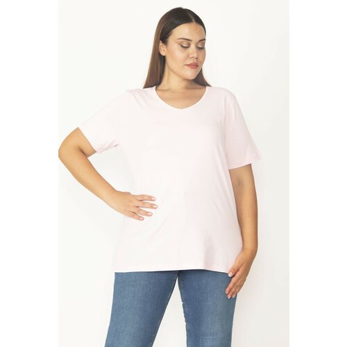 Şans Women's Plus Size Pink V-Neck Oversize Basic T-Shirt Cene