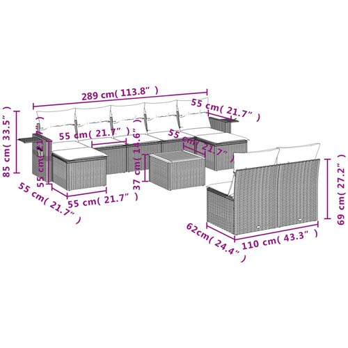  10-dijelni set vrtnih sofa s jastucima crni od poliratana Crna 62 x 62 x 69 cm Slike