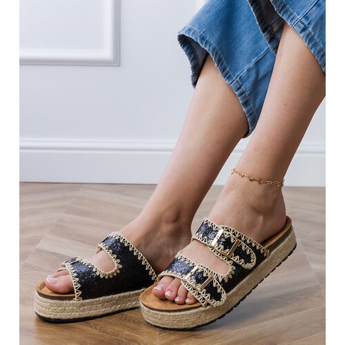 D/CEO Black Glitter Espadrille Sandals with Buckles Induri Cene