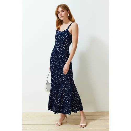 Trendyol Navy Blue Patterned Strap Body Fitting Ribbed Flexible Knitted Maxi Dress