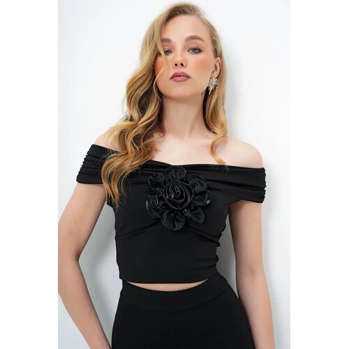 Trend Alacati Stili Ženska bluza kratkih rukava Alc-X13929, Brod izrez, Crna Cene