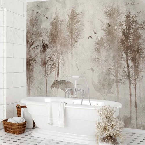  Foto tapeta - Among the trees - landscape in grey tones in fog in a clearing with birds 450x315 Vodootporna Cene