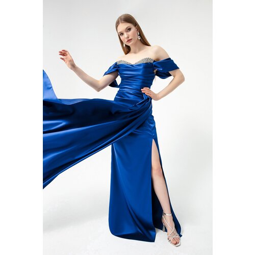Lafaba Women&amp;#039;s Indigo Boat Neck Slit Long Satin Evening Dress Slike