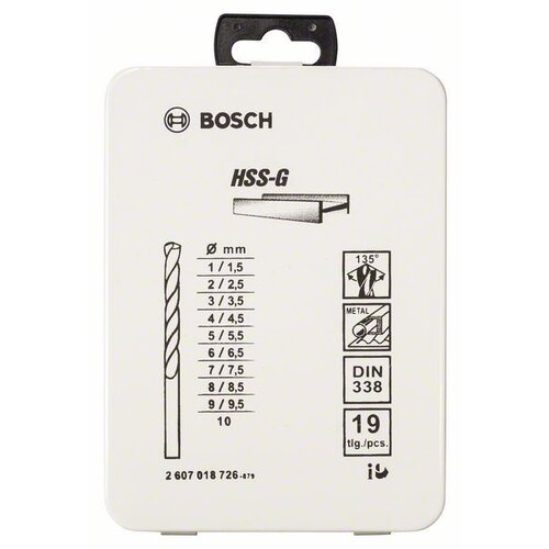 Bosch 19-delni set burgija za metal HSS-G, DIN 338, 135°, u metalnoj kutiji 2607018726, 1-10 mm, 135° Slike