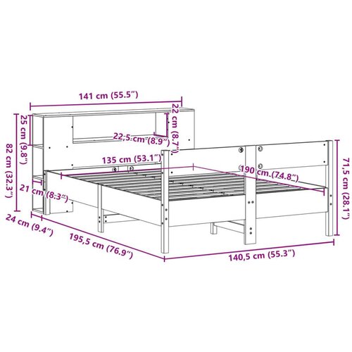 VidaXL Krevet s regalom z knjige bez madraca bijeli 135x190cm borovina Slike