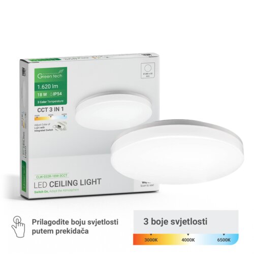  LED plafonjera Green Tech 18W, 3CCT, IP54, bijela, promjer 28 cm Slike