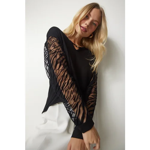  Women's Black Transparent Sleeve Detailed Stylish Knitted Blouse