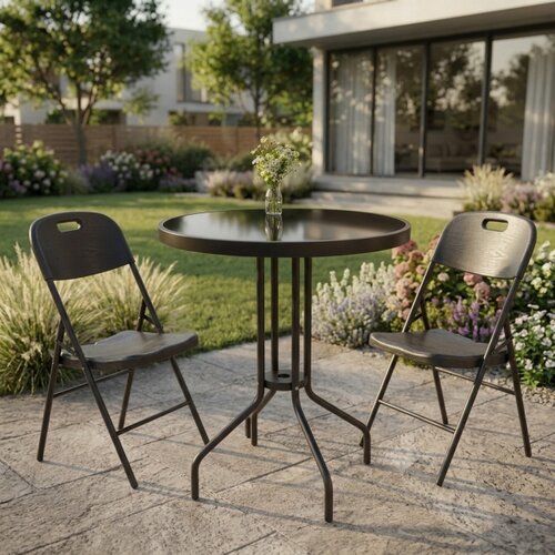 Alberg Modern Trio ba&amp;scaron;tenski set &amp;ndash; 2 sklopive stolice + sto Lunaris sa crnim staklom &amp;Oslash;60 cm Slike