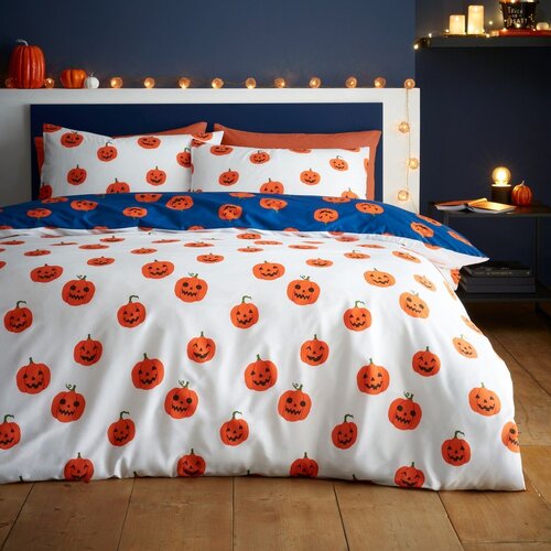 Catherine Lansfield Plava/narančasta posteljina za krevet za jednu osobu 135x200 cm Halloween Pumpkins &amp;ndash; Slike