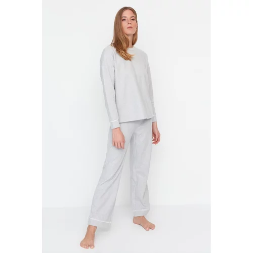 Trendyol Gray Melange Piping Detailed Thessaloniki Knitted Pajamas Set