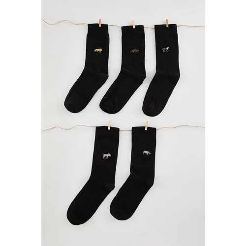 Trendyol Black Unisex 5-Pack Animal Embroidered Cotton Sock-Long Socks