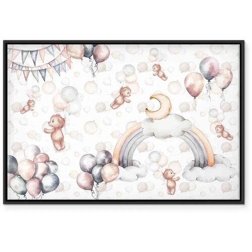 Slika - Toy Bears with Balloons - Flying Plush Bears Among Balloons Clouds and Rainbows in Subtle Pastel Hues 90x60 U crnom drve Slike