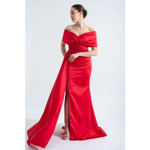 Lafaba Women's Red Boat Neck Slit Long Evening Dress Slike