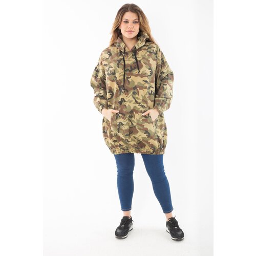 Şans Women's Plus Size Khaki Casual Fit Camouflage Patterned Hooded Kangaroo Pocket Long Sweatshirt Cene