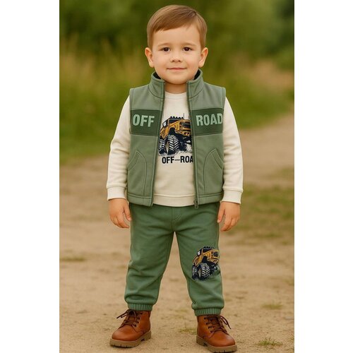 WOWO kids komplekt sa auto off road: pantalone, prsluk, majica dugih rukava - maslina Slike