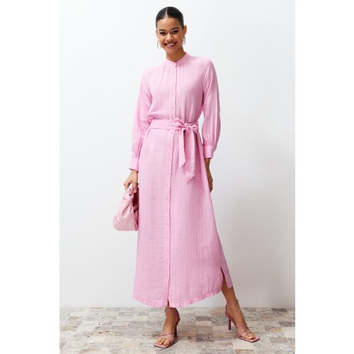 Trendyol Pink Judge Collar Belted Plain Woven Shirt Dress Cene