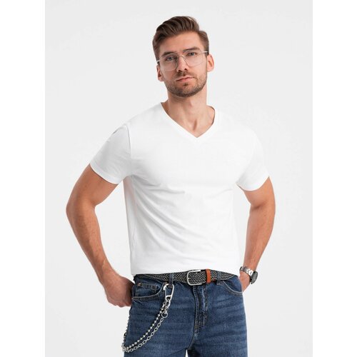 Ombre Men's V-NECK T-shirt with elastane - white Slike