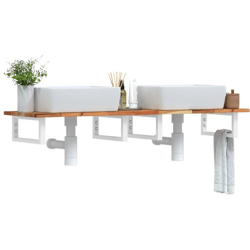  Zidna polica za umivaonik od čelika i masivnog bagremovog drva Smeđa 140 x 40 x 2 cm Slike